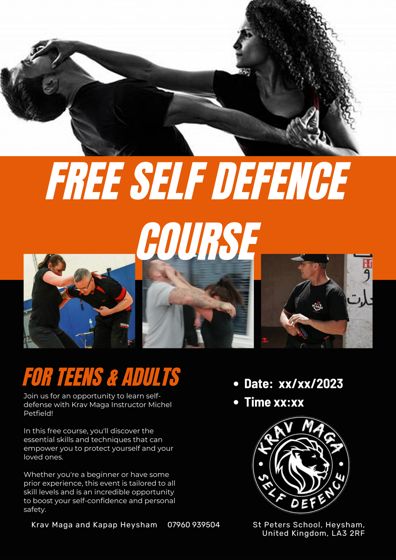 Black and orange self-defence course poster