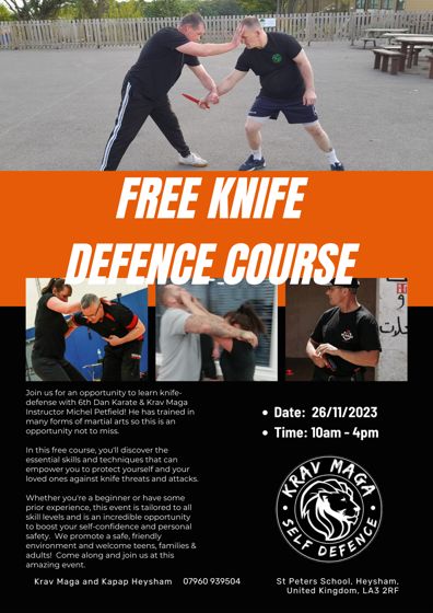Black and orange knife-defence course poster